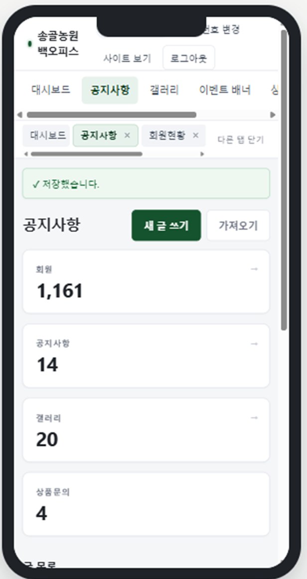 같은 백오피스를 휴대폰으로 연 화면 — 메뉴가 가로줄로 접히고 통계 카드가 세로로 쌓인다